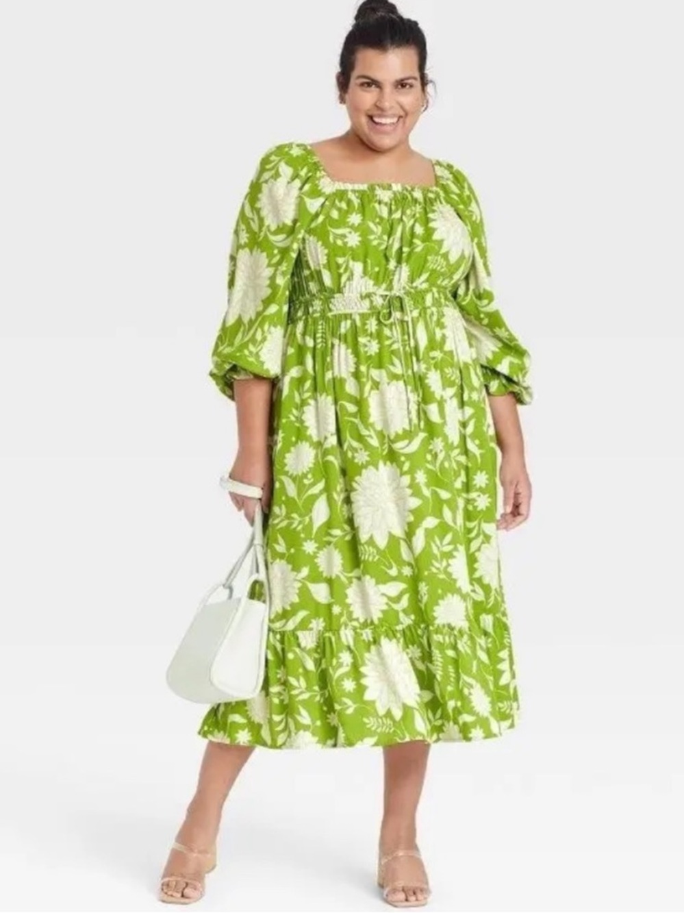 Ava & Viv Chartreuse Green Floral Midi Dress 2X Square Neck Balloon Sleeves